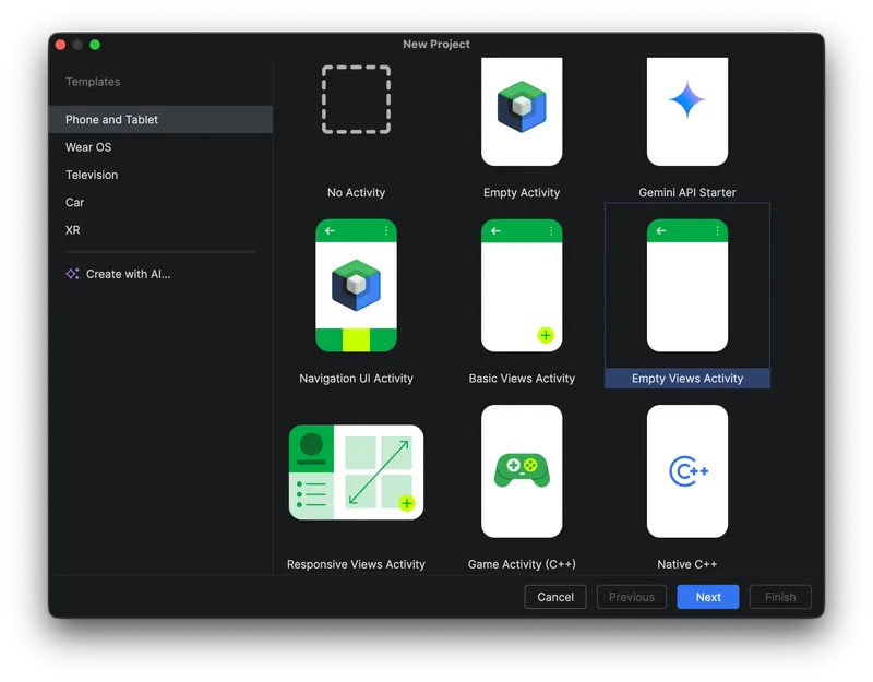 Select Empty Views Activity in Android Studio